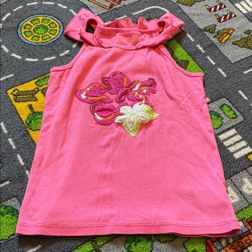 Girls' Pink Ruffle Halter Tank Top with Floral Applique